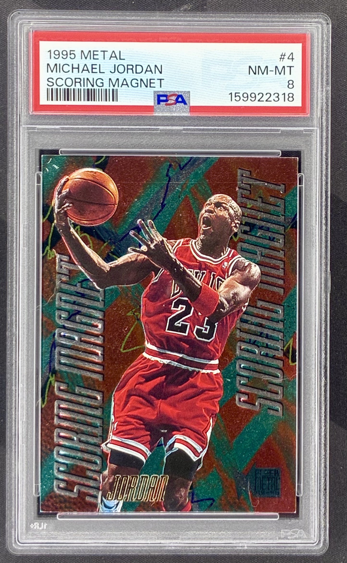 1995-96 Fleer Metal Scoring Magnets Michael Jordan #4 die-cut insert professionally graded PSA 8 NM-MT.
