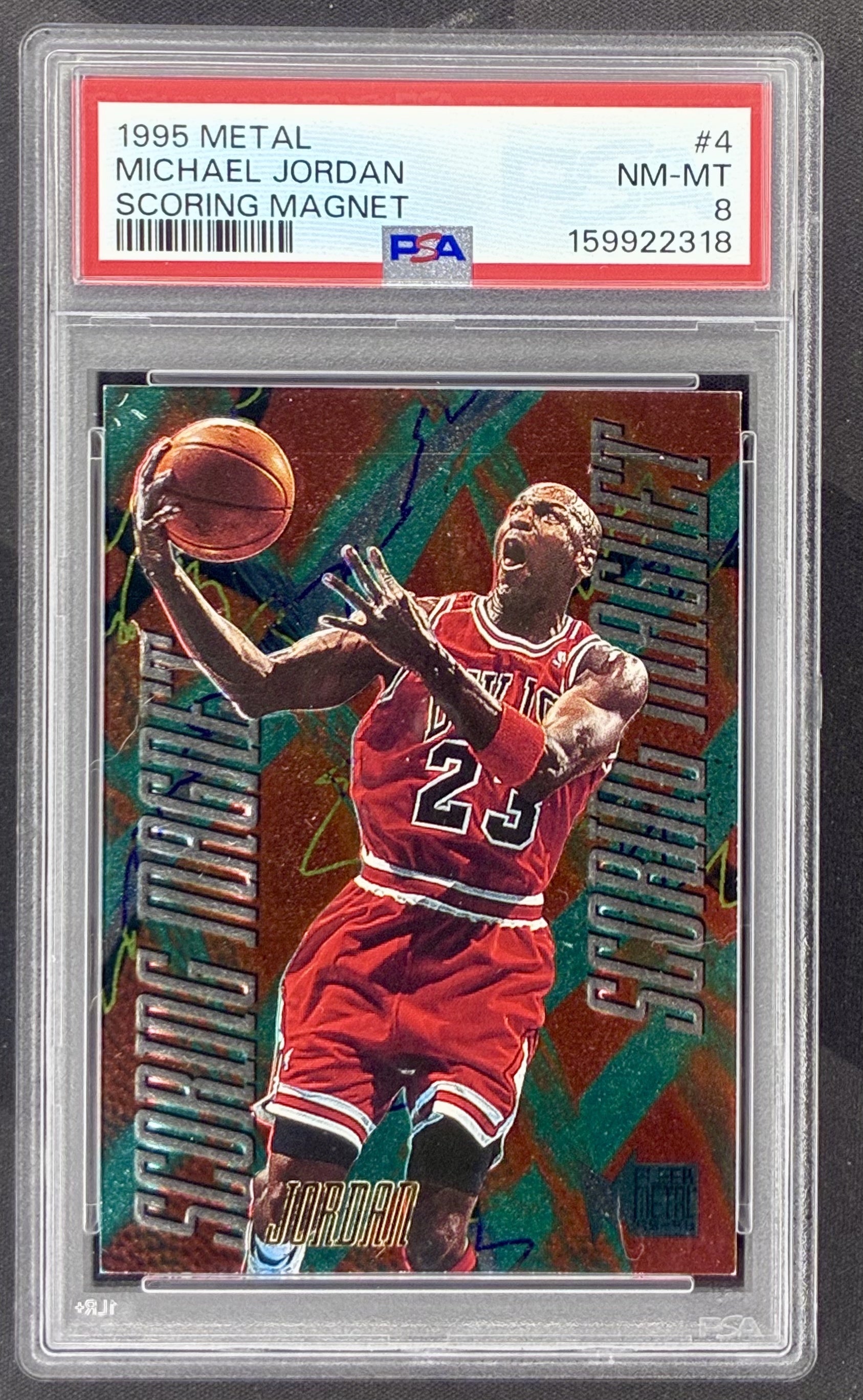 1995-96 Fleer Metal Scoring Magnets Michael Jordan #4 die-cut insert professionally graded PSA 8 NM-MT.