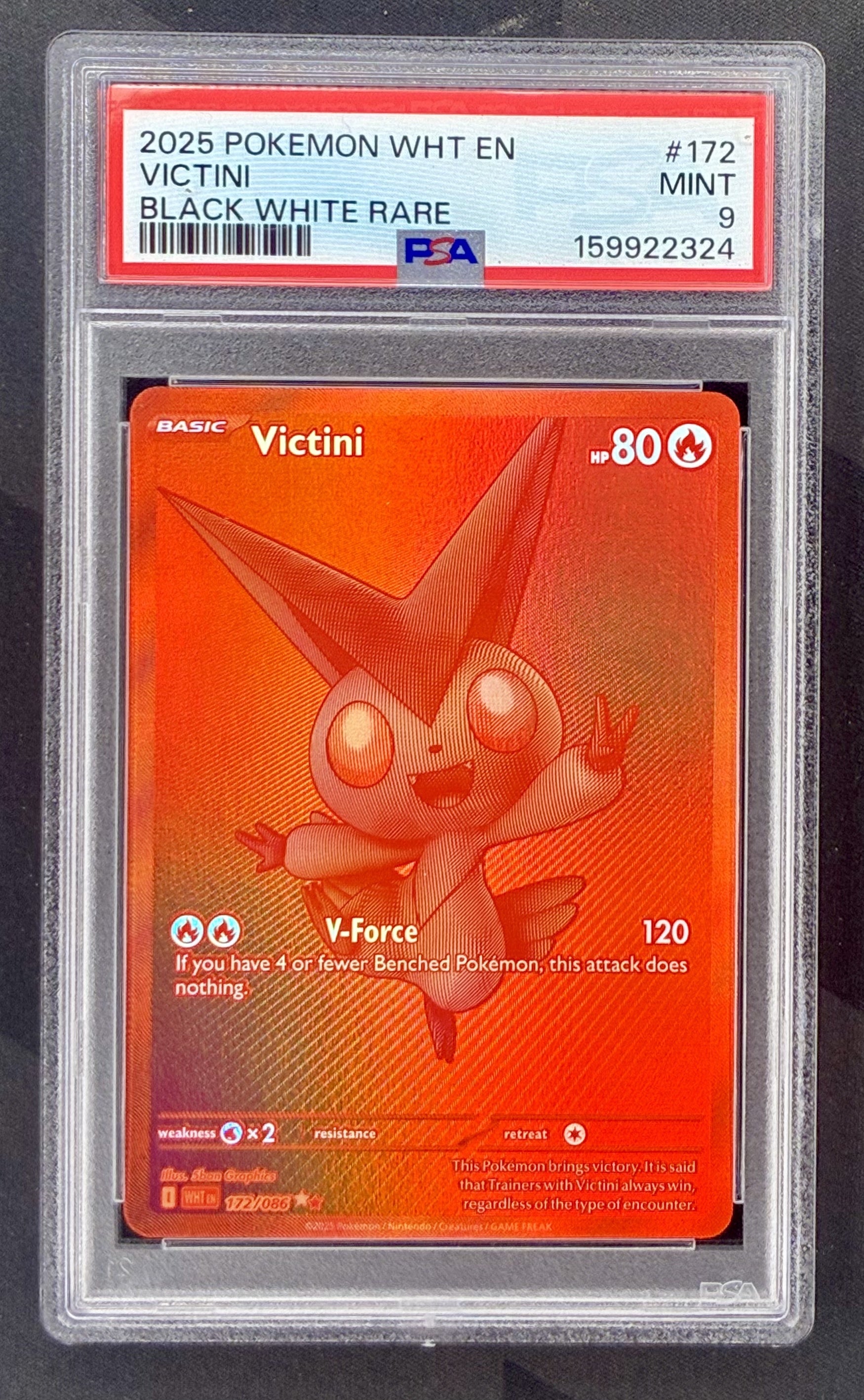2025 Pokémon Victini 172/086 White Flare Black White Rare holo card professionally graded PSA 9 Mint.