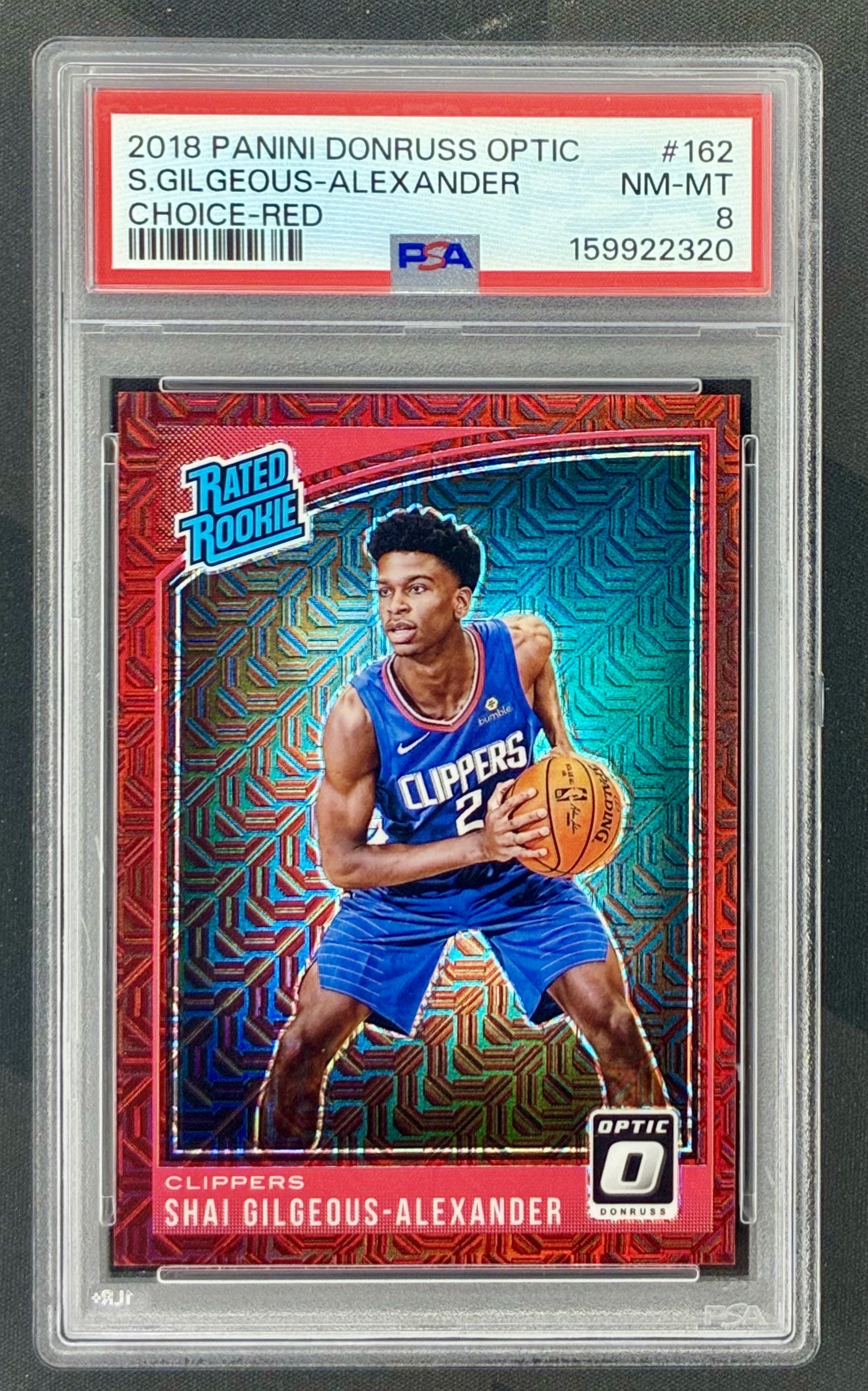 2018-19 Panini Donruss Optic Shai Gilgeous-Alexander Rated Rookie Red Choice #162 serial numbered to 88, professionally graded PSA 8 NM-MT.