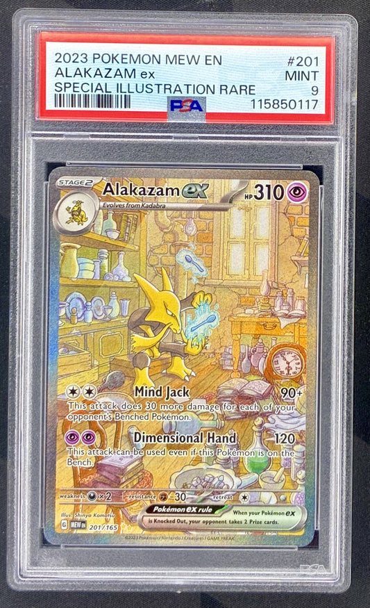 2023 Pokémon Alakazam ex 201/165 Special Illustration Rare full art holo English card professionally graded PSA 9 Mint.