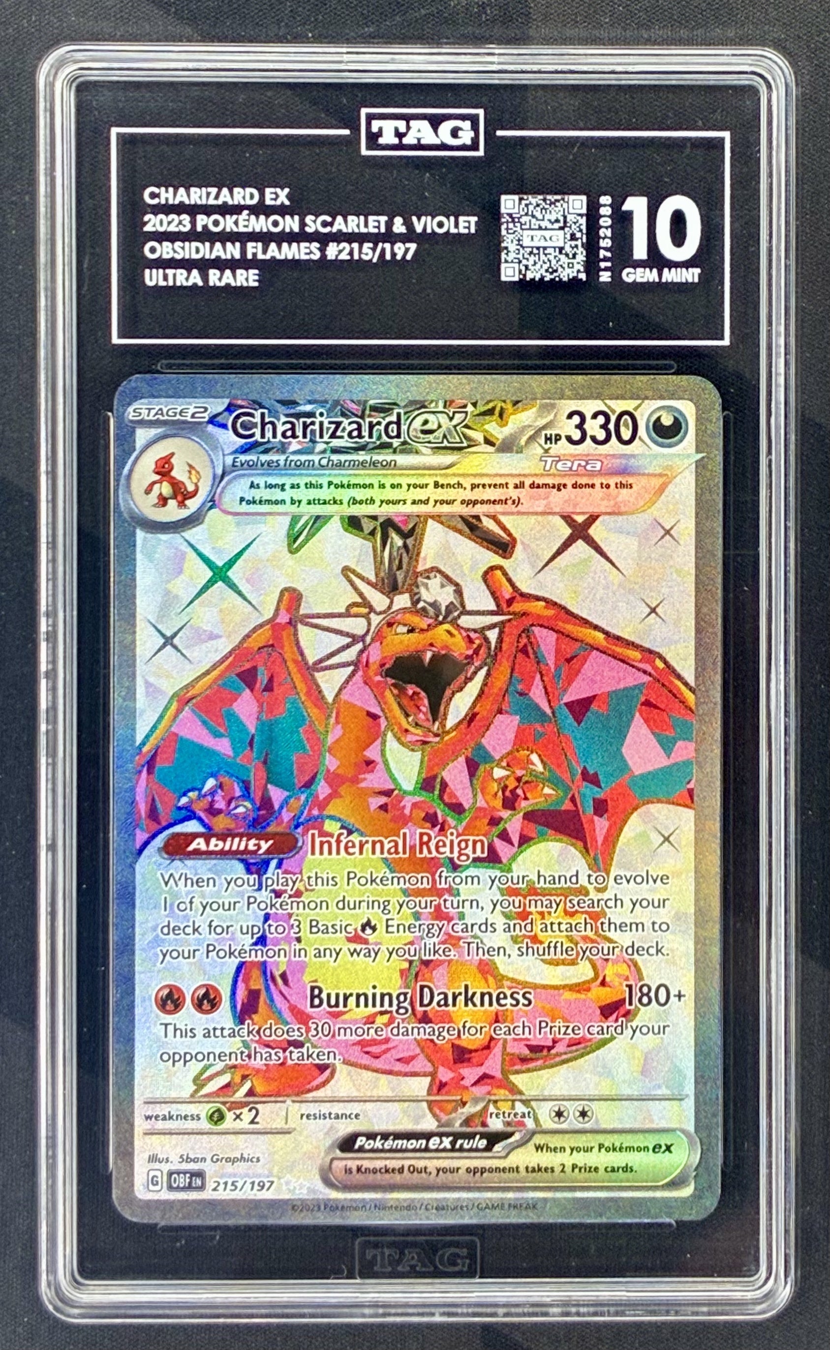 2023 Pokémon Charizard ex 215/197 Ultra Rare Full Art Obsidian Flames card professionally graded TAG 10 Gem Mint.