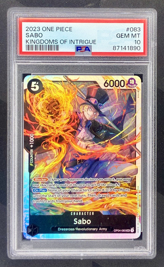 2023 One Piece Kingdoms of Intrigue Sabo OP04-083 Manga Alternate Art foil card professionally graded PSA 10 Gem Mint.