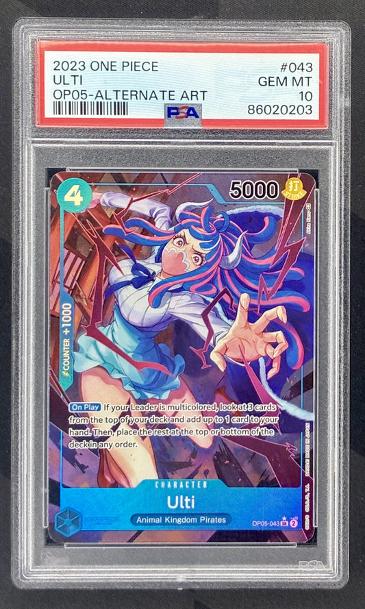 2023 One Piece Card Game Ulti OP05-043 Alternate Art Super Rare foil card professionally graded PSA 10 Gem Mint.