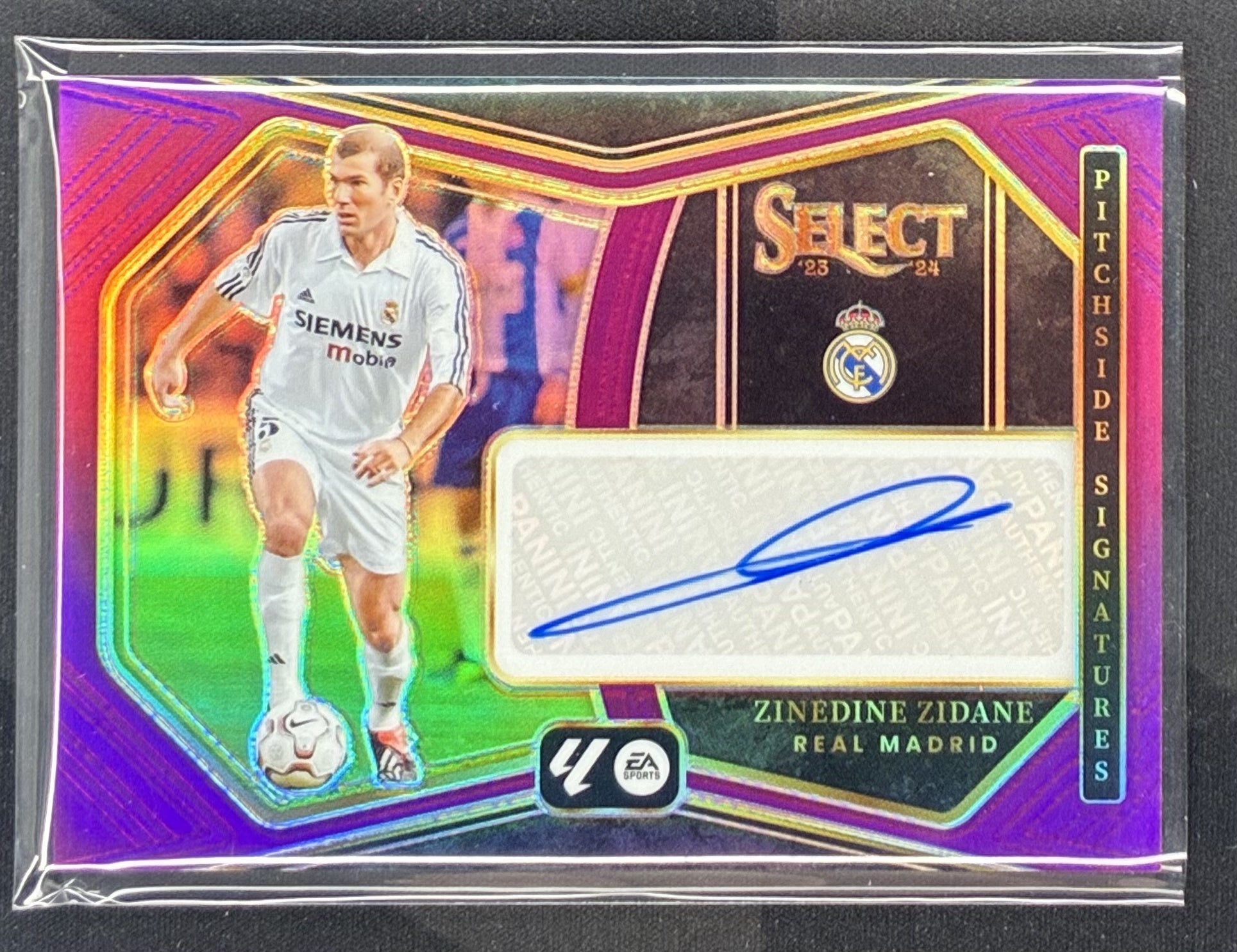 2023-24 Panini Select La Liga Zinedine Zidane Pitchside Signatures Purple autograph card serial numbered 06 of 25.