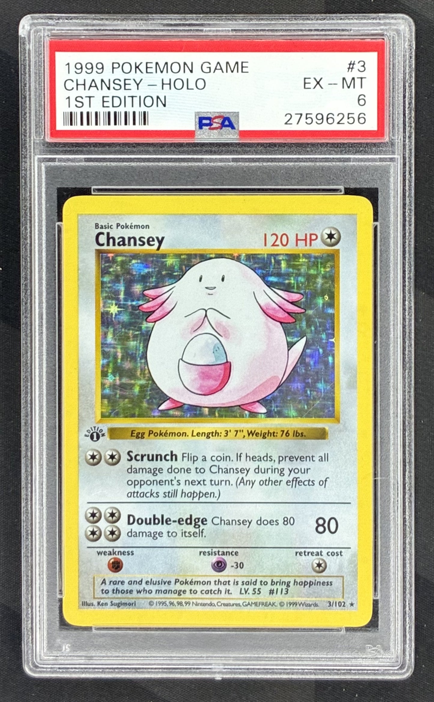 1999 Pokémon Chansey 3/102 1st Edition Shadowless Base Set Holo card graded PSA 6 by PSA.