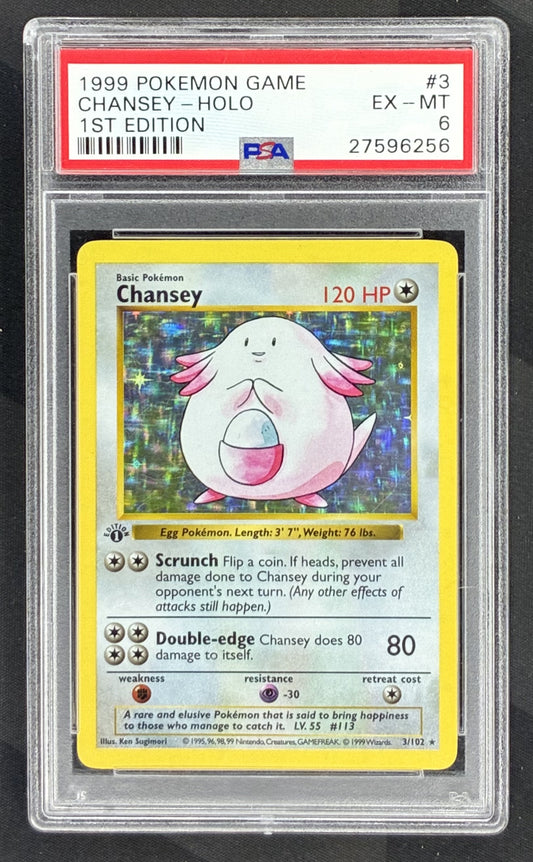 1999 Pokémon Chansey 3/102 1st Edition Shadowless Base Set Holo card graded PSA 6 by PSA.
