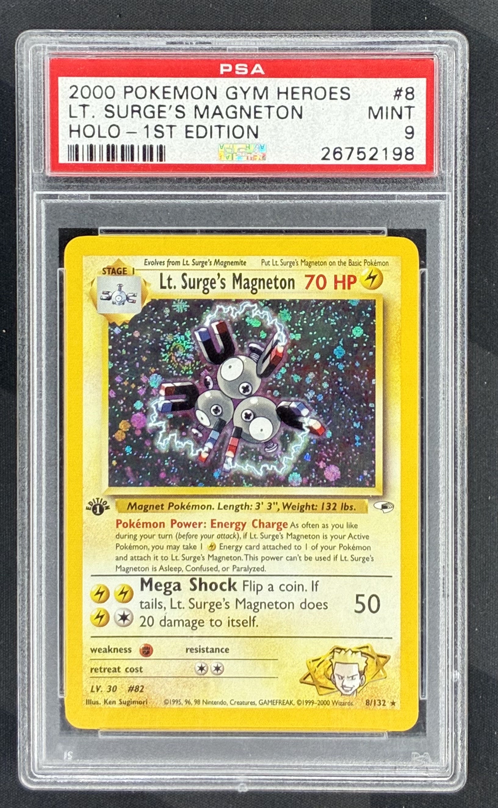 2000 Pokémon Gym Heroes 1st Edition Lt. Surge's Magneton 8/132 Holo card graded PSA 9 Mint.