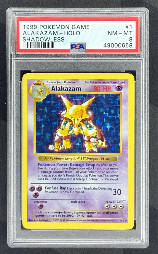 1999 Pokémon Shadowless Base Set Alakazam Holo 1/102 card graded PSA 8 by PSA.
