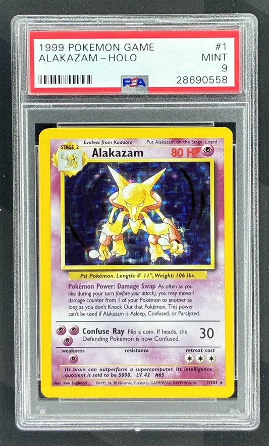 1999 Pokémon Base Set Alakazam Holo 1/102 card graded PSA 9 Mint by PSA.