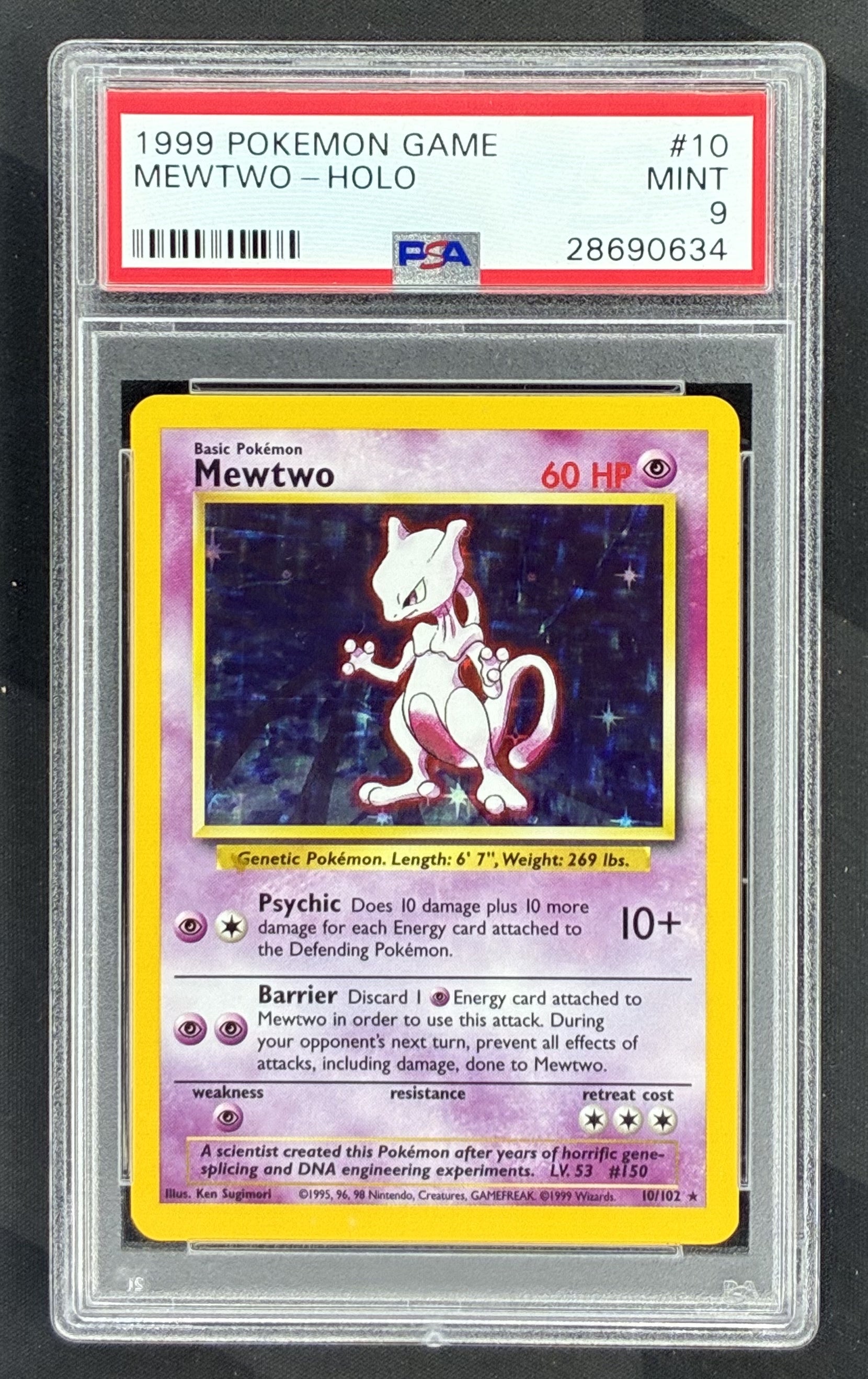 1999 Pokémon Base Set Unlimited Mewtwo Holo 10/102 card graded PSA 9 Mint by PSA.