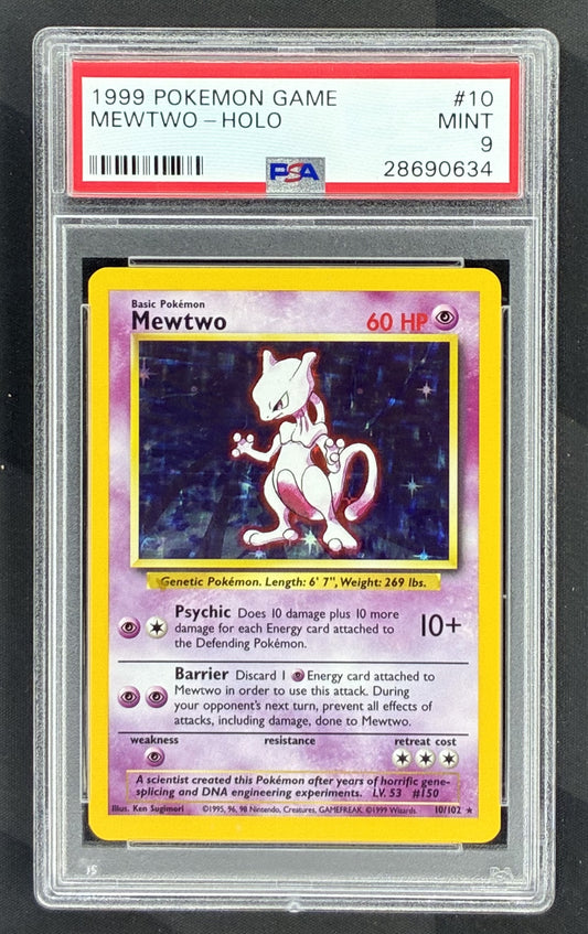 1999 Pokémon Base Set Unlimited Mewtwo Holo 10/102 card graded PSA 9 Mint by PSA.