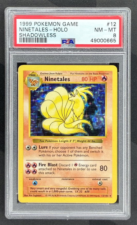 1999 Pokémon Base Set Shadowless Ninetales Holo Rare 12/102 Wizards of the Coast card graded PSA 8 Near Mint-Mint.