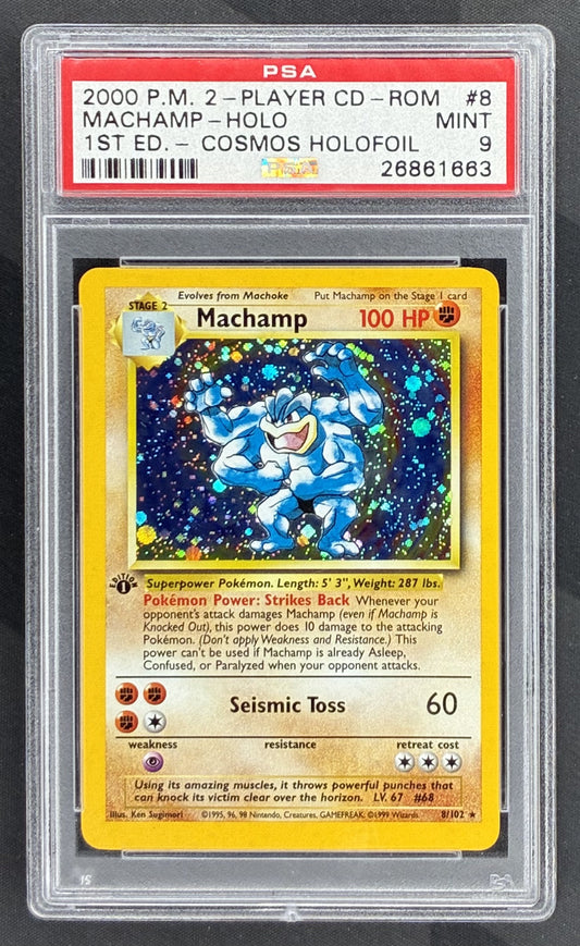 2000 Pokémon 2-Player CD-ROM Starter Set 1st Edition Cosmos Holo Machamp #8 card graded PSA 9 Mint.