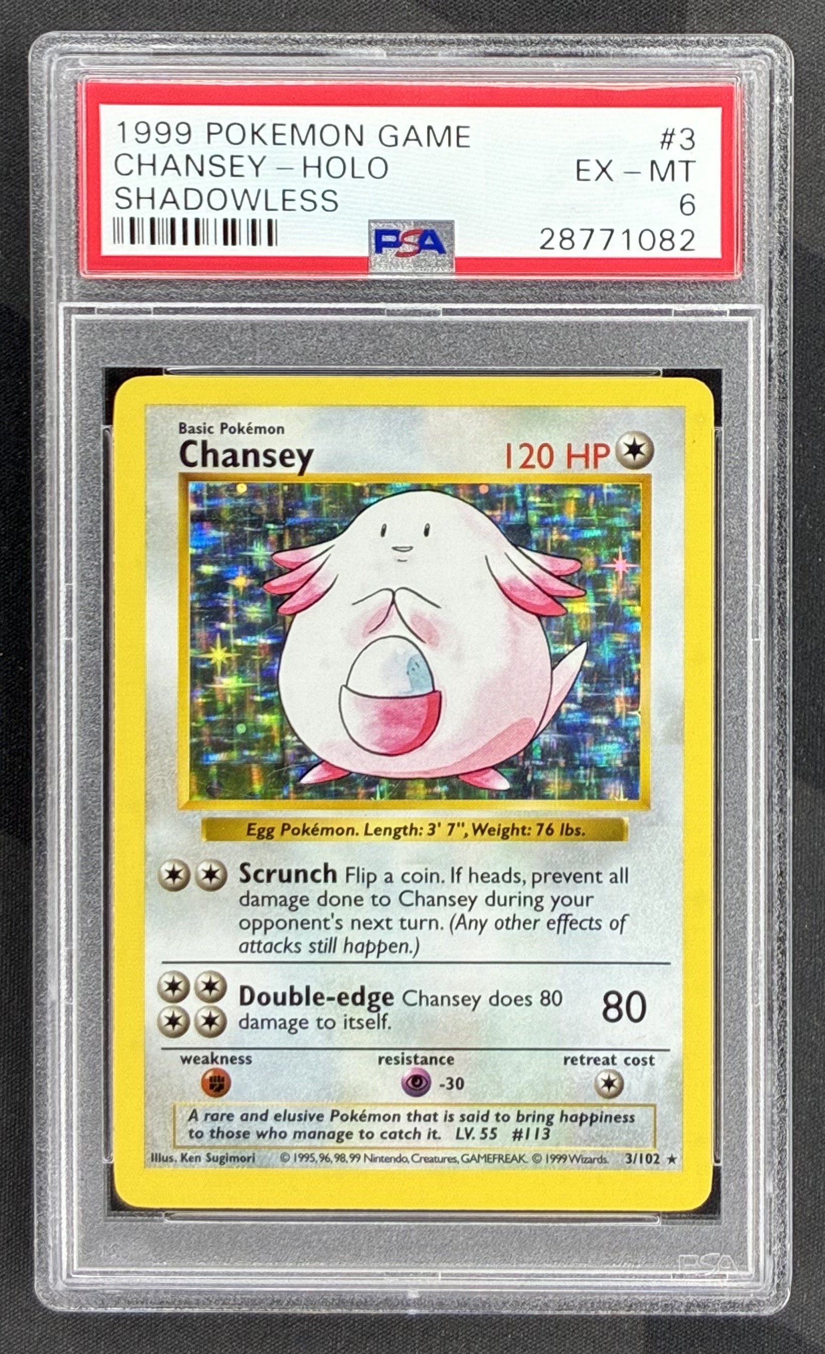 1999 Pokémon Base Set Shadowless Chansey Holo Rare 3/102 Wizards of the Coast card graded PSA 6 EX-MT.
