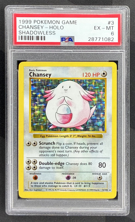 1999 Pokémon Base Set Shadowless Chansey Holo Rare 3/102 Wizards of the Coast card graded PSA 6 EX-MT.