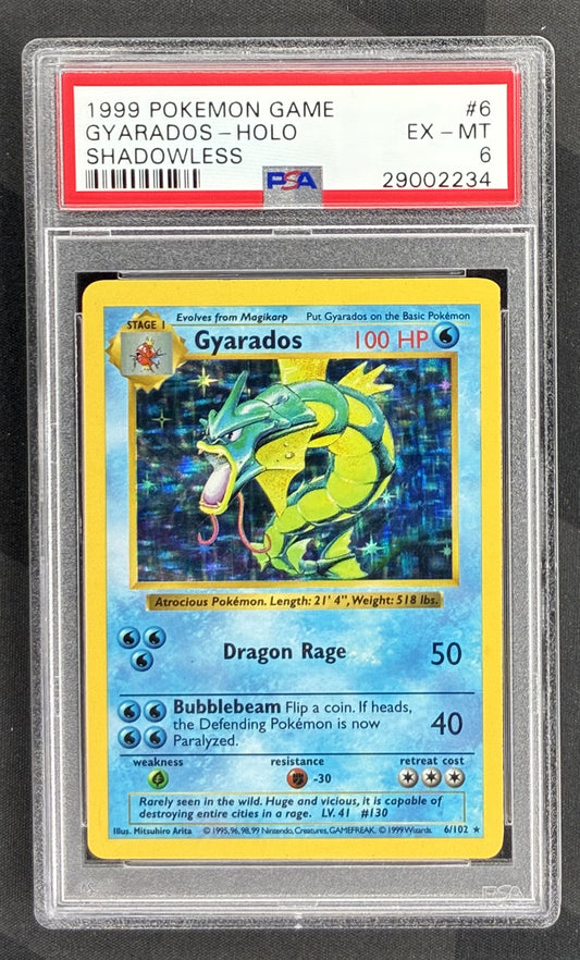 1999 Pokémon Base Set Shadowless Gyarados Holo Rare 6/102 Wizards of the Coast card graded PSA 6 Excellent-Near Mint.