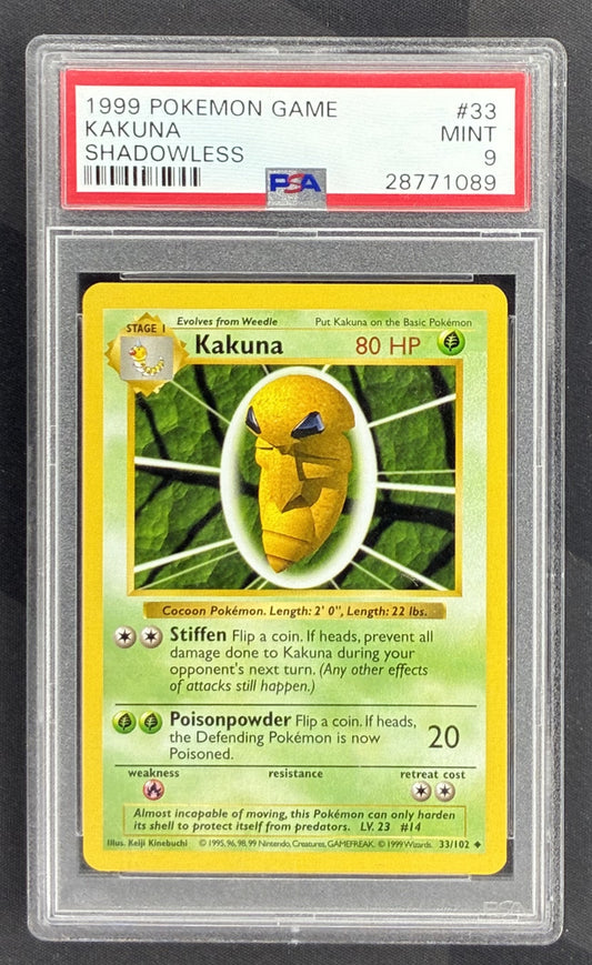 1999 Pokémon Base Set Shadowless Kakuna 33/102 Wizards of the Coast English card graded PSA 9 Mint.