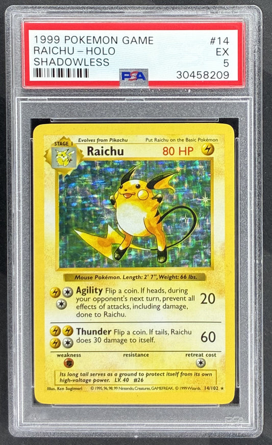 1999 Pokémon Base Set Shadowless Raichu Holo Rare 14/102 Wizards of the Coast card graded PSA 5 Excellent.