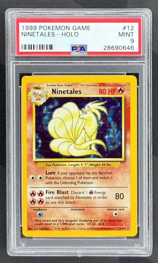 1999 Pokémon Base Set Ninetales Holo Rare 12/102 Wizards of the Coast card graded PSA 9 Mint.