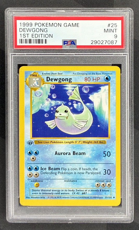 1999 Pokémon Base Set 1st Edition Dewgong 25/102 English card graded PSA 9 Mint.