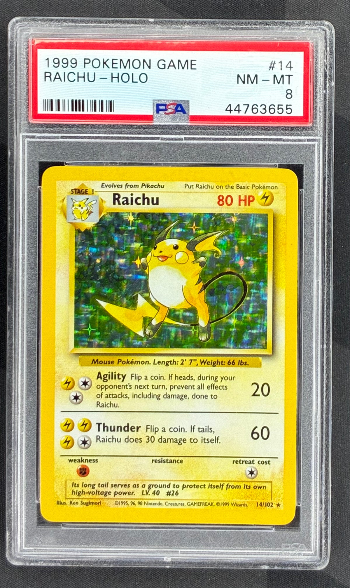 1999 Pokémon Base Set Unlimited Raichu Holo 14/102 PSA 8