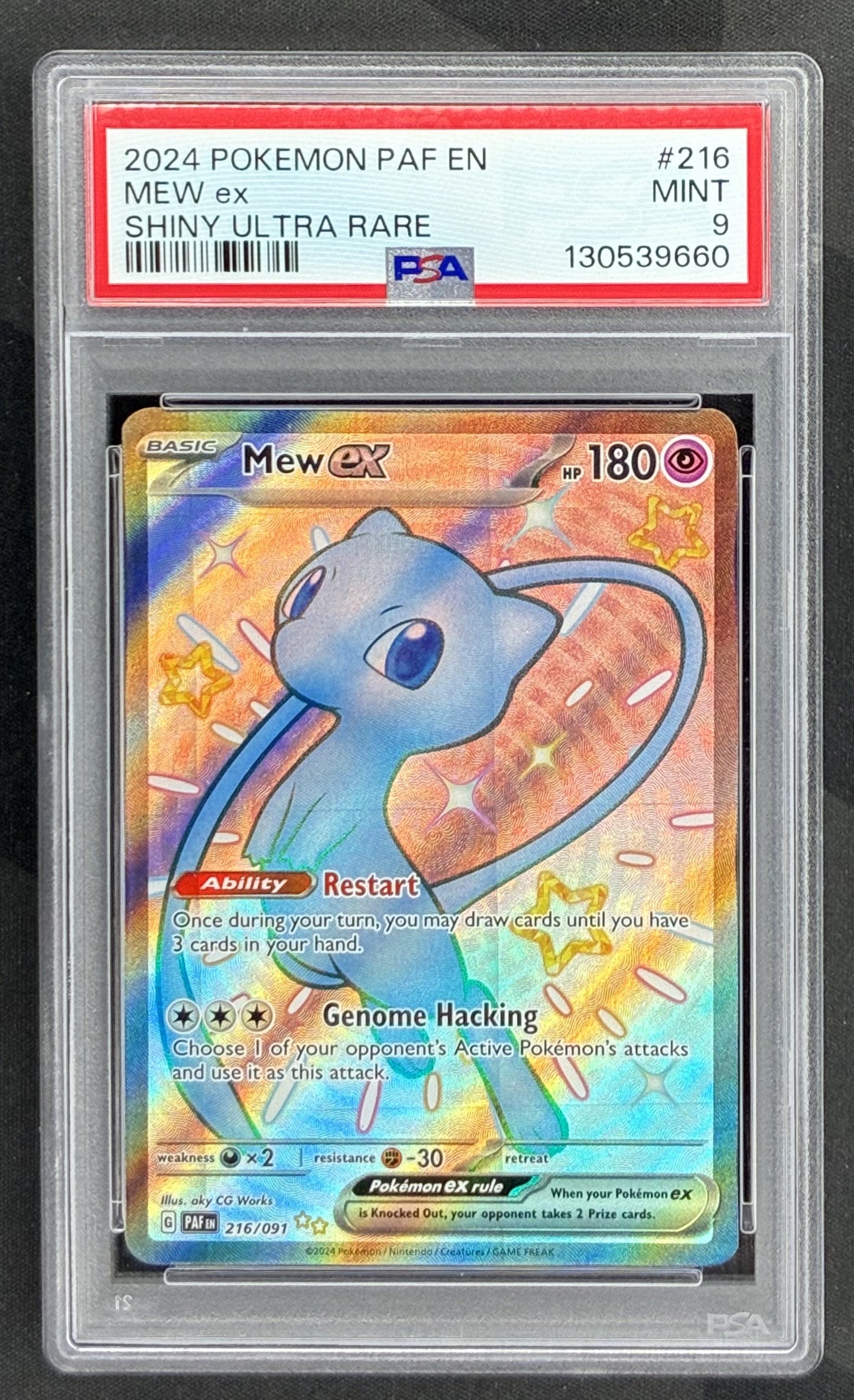2024 Pokémon Paldean Fates Mew ex Shiny Ultra Rare Holo 216/091 English card graded PSA 9 Mint.
