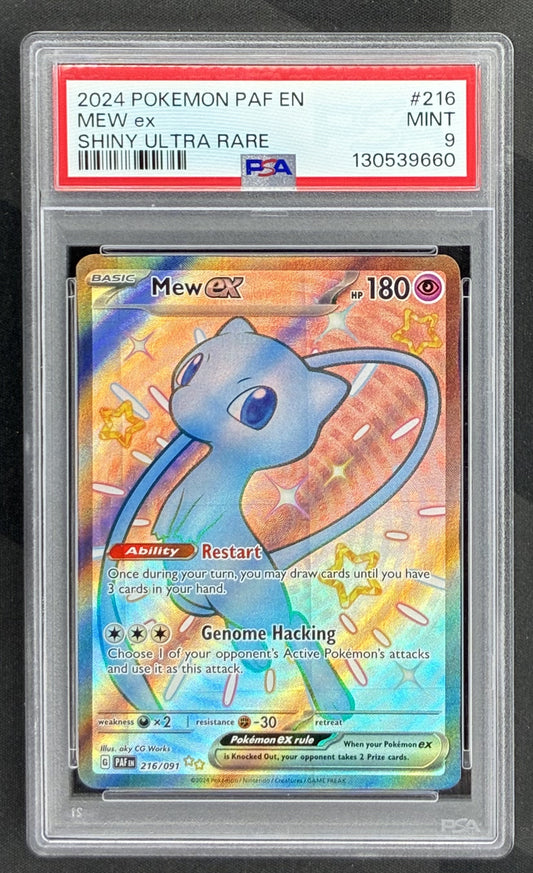 2024 Pokémon Paldean Fates Mew ex Shiny Ultra Rare Holo 216/091 English card graded PSA 9 Mint.