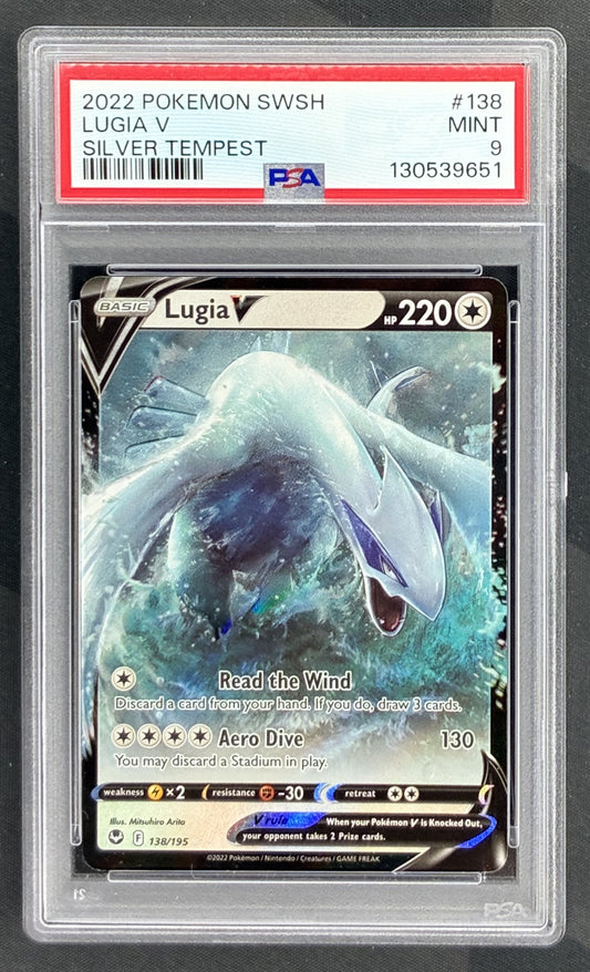 2022 Pokémon Silver Tempest Lugia V 138/195 Ultra Rare holo card graded PSA 9 Mint.