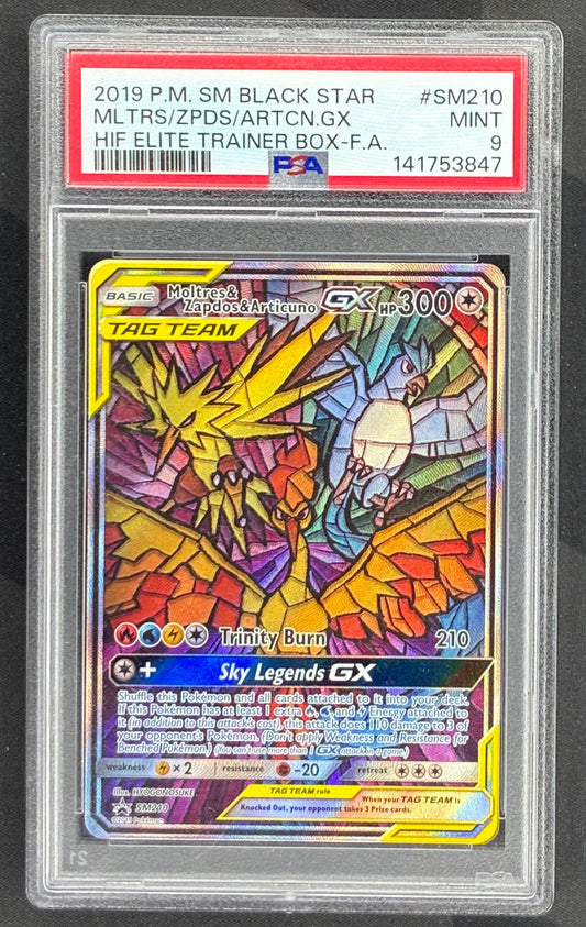 Pokémon TCG Moltres & Zapdos & Articuno GX Promo – Black Star SM210 PSA 9 Mint