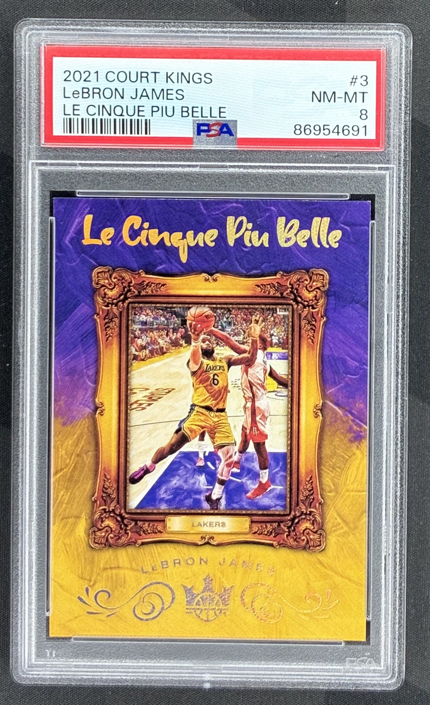 2021 Panini Court Kings Le Cinque Piu Belle #3 LeBron James Los Angeles Lakers SSP card graded PSA 8 Near Mint-Mint.