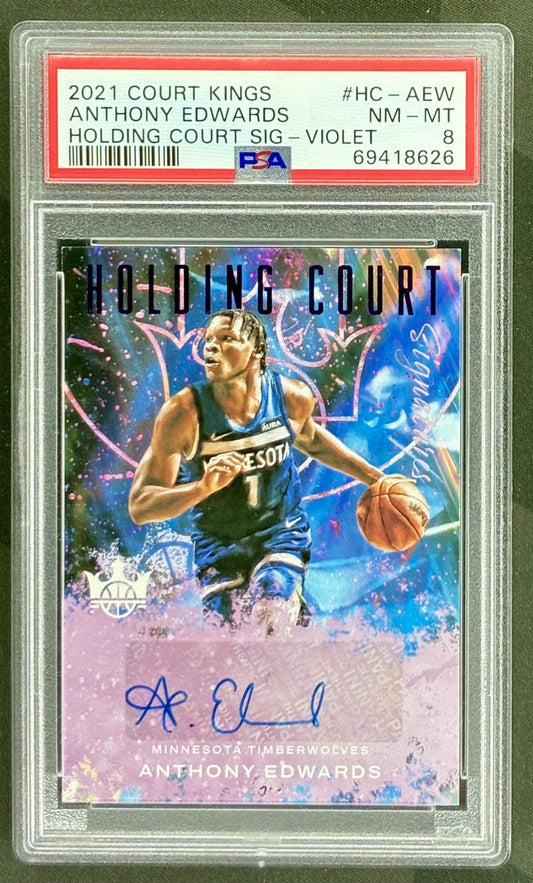 2021-22 Panini Court Kings Holding Court Anthony Edwards Violet Autograph numbered to 35 graded PSA 8 Near Mint-Mint.