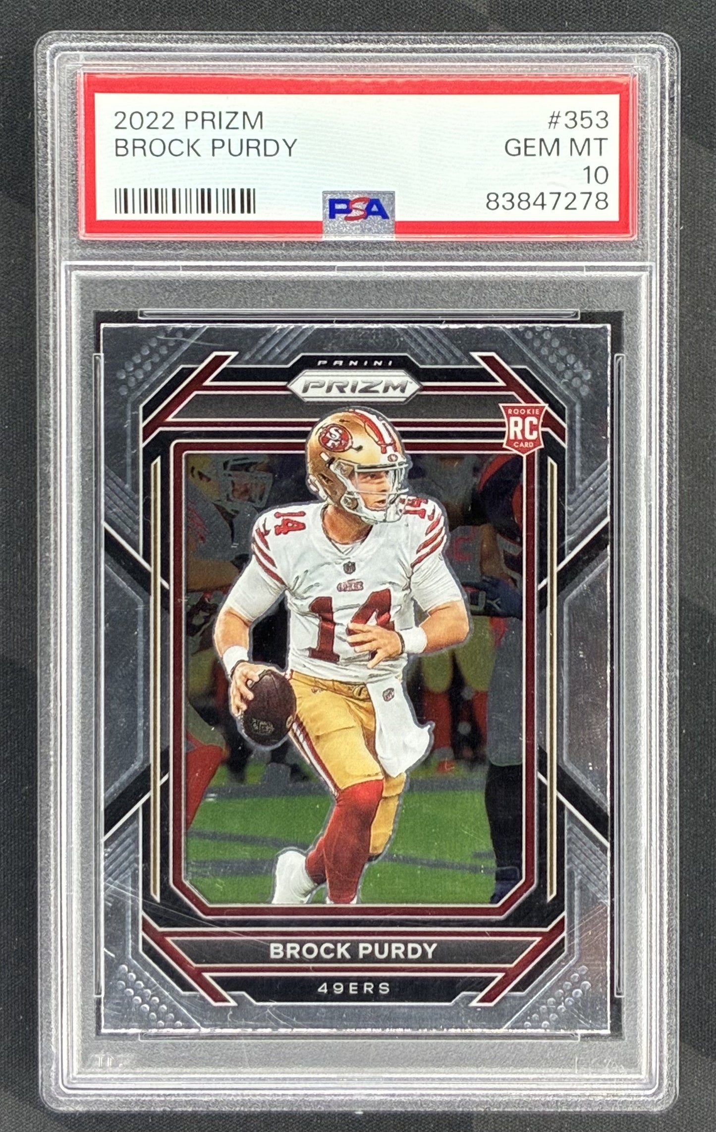 2022 Panini Prizm Brock Purdy Rookie Card #353 graded PSA 10 Gem Mint.