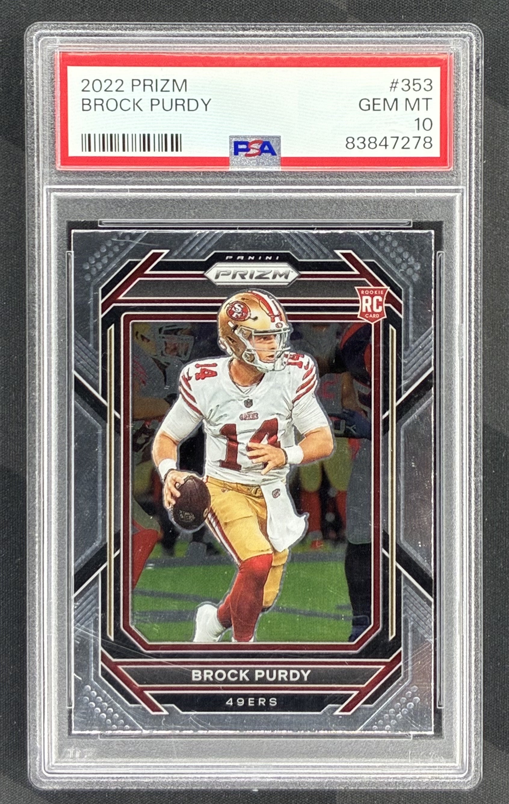 2022 Panini Prizm Brock Purdy Rookie Card #353 graded PSA 10 Gem Mint.