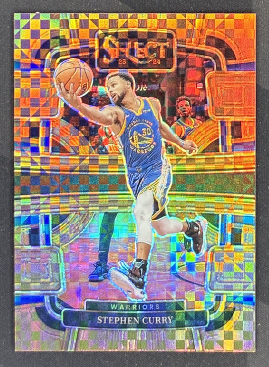 2023-24 Panini Select Stephen Curry Concourse Bronze Checker Prizm numbered to 49 trading card #56 in Near Mint condition.