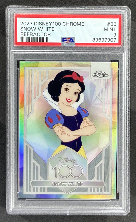 2023 Topps Chrome Disney 100 Snow White Refractor #66 trading card graded PSA 9 Mint.