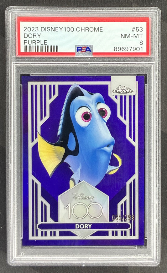 2023 Topps Chrome Disney 100 Dory Purple Refractor numbered to 299 graded PSA 8 Near Mint-Mint.