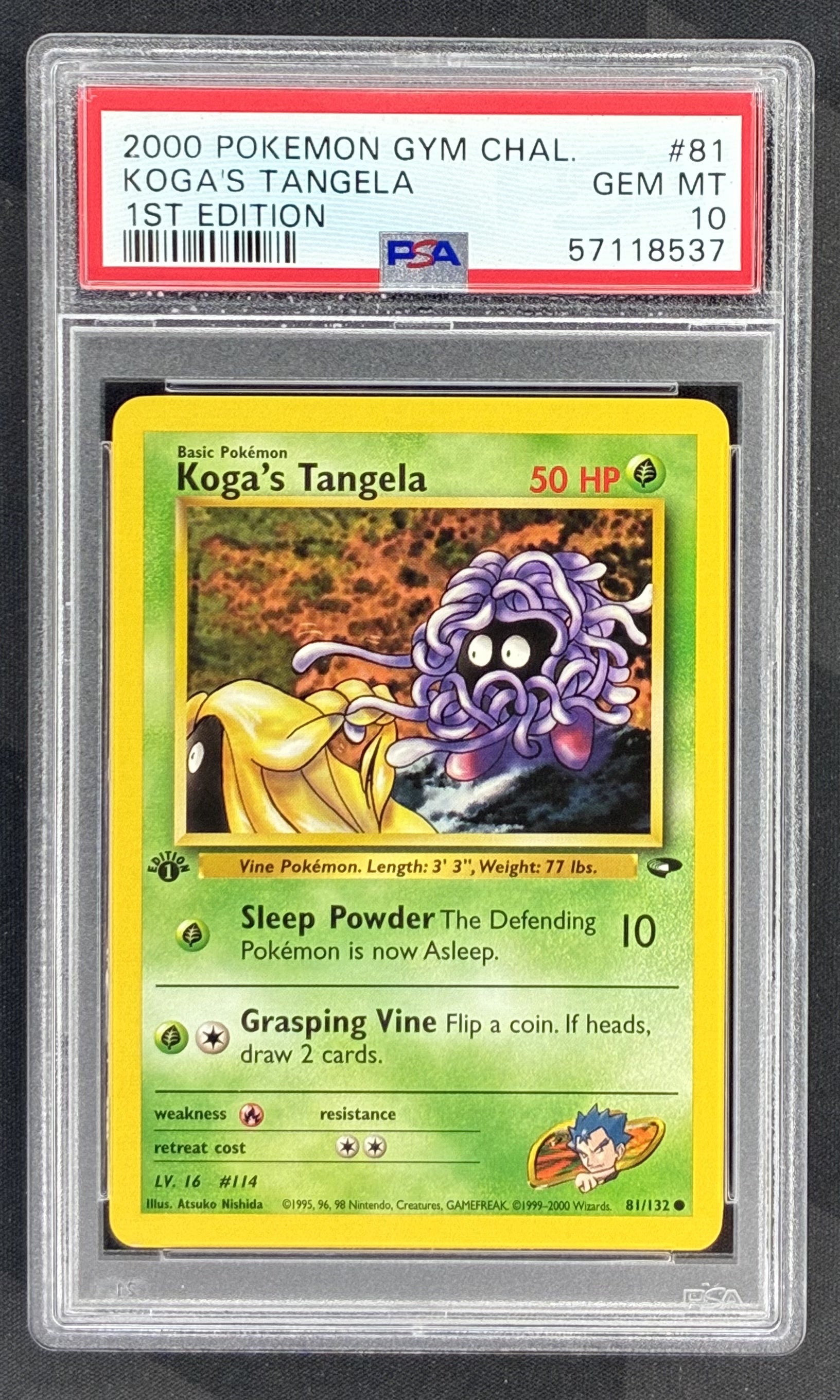 2000 Pokémon Gym Challenge 1st Edition Koga's Tangela 81/132 English card graded PSA 10 Gem Mint.