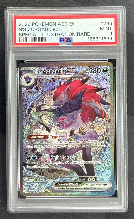 2025 Pokémon Destined Rivals N's Zoroark ex Special Illustration Rare 286/217 holo card graded PSA 9 Mint.