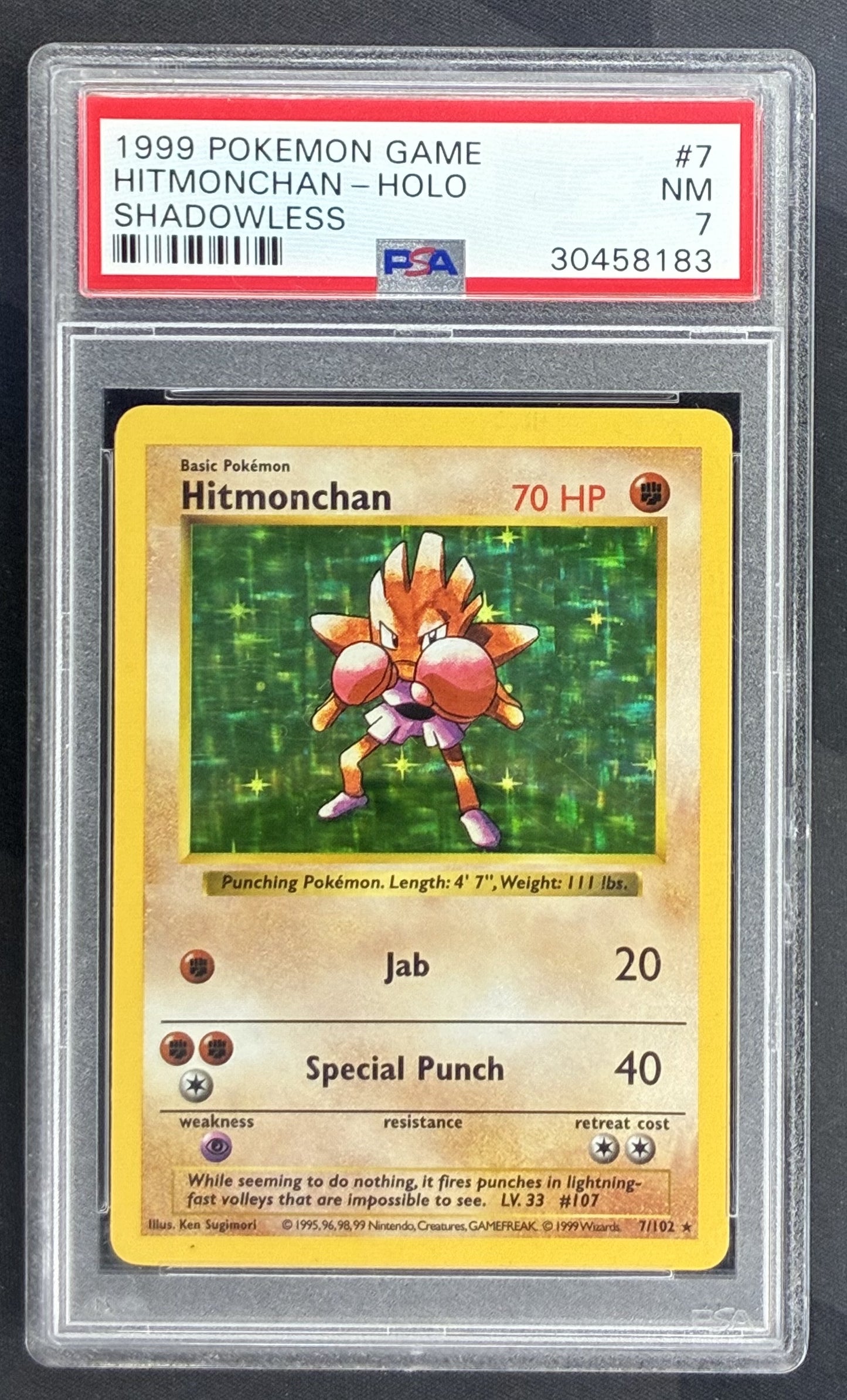 1999 Pokémon Shadowless Base Set Hitmonchan Holo 7/102 PSA 7 Near Mint