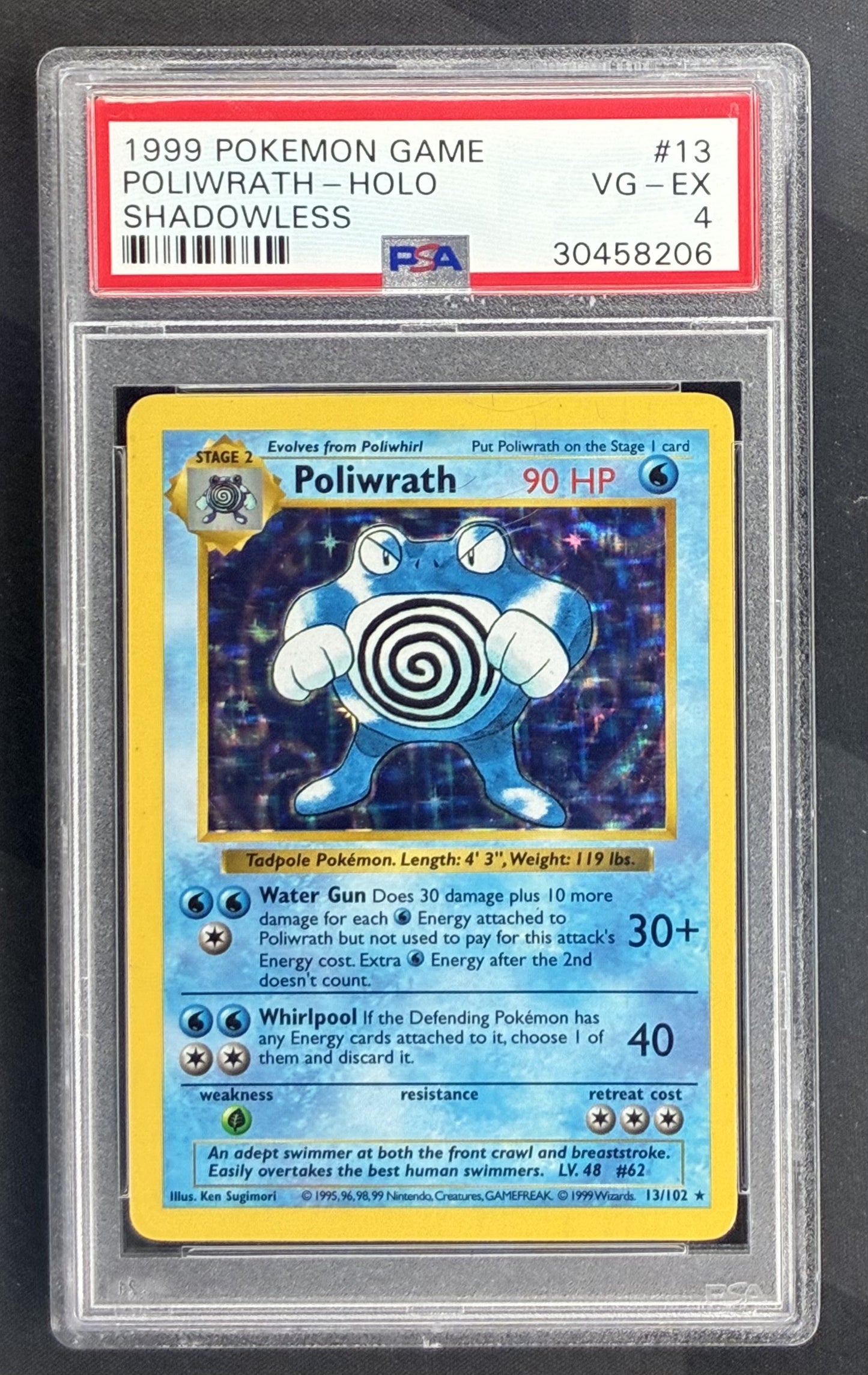 1999 Pokémon Shadowless Base Set Poliwrath Holo 13/102 English trading card graded PSA 4 VG-EX.
