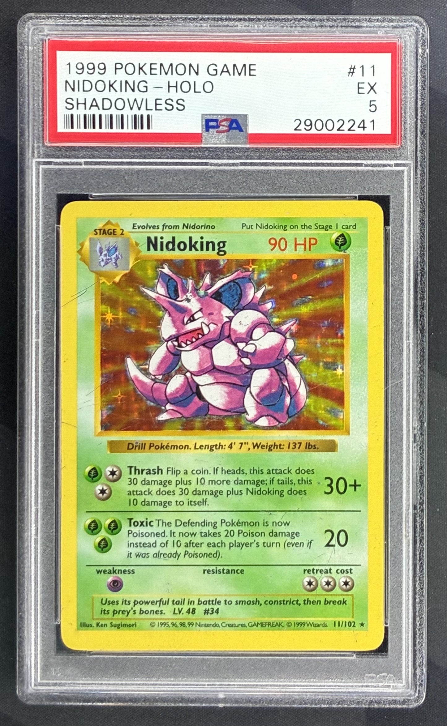 1999 Pokémon Shadowless Base Set Nidoking Holo 11/102 English trading card graded PSA 5 EX.
