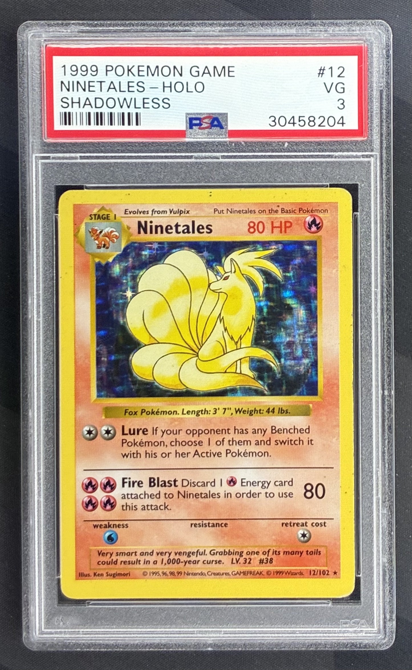 1999 Pokémon Shadowless Base Set Ninetales Holo 12/102 English trading card graded PSA 3 VG.