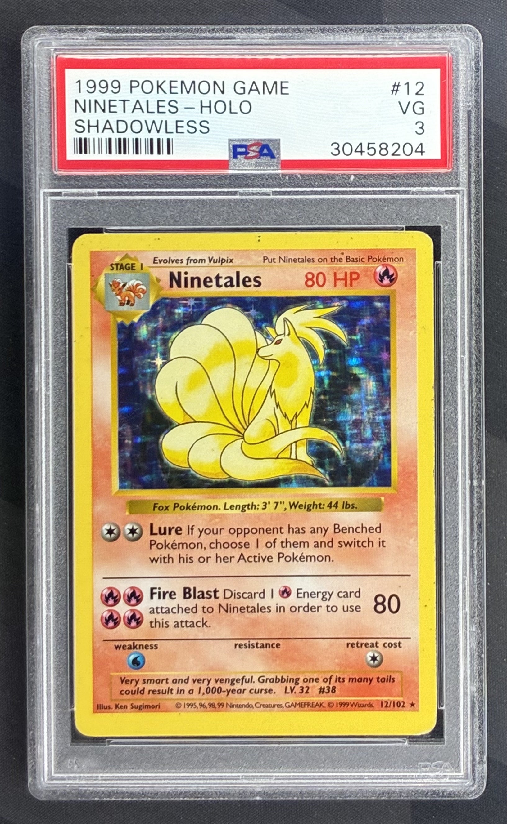 1999 Pokémon Shadowless Base Set Ninetales Holo 12/102 English trading card graded PSA 3 VG.