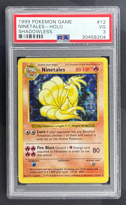 1999 Pokémon Shadowless Base Set Ninetales Holo 12/102 English trading card graded PSA 3 VG.