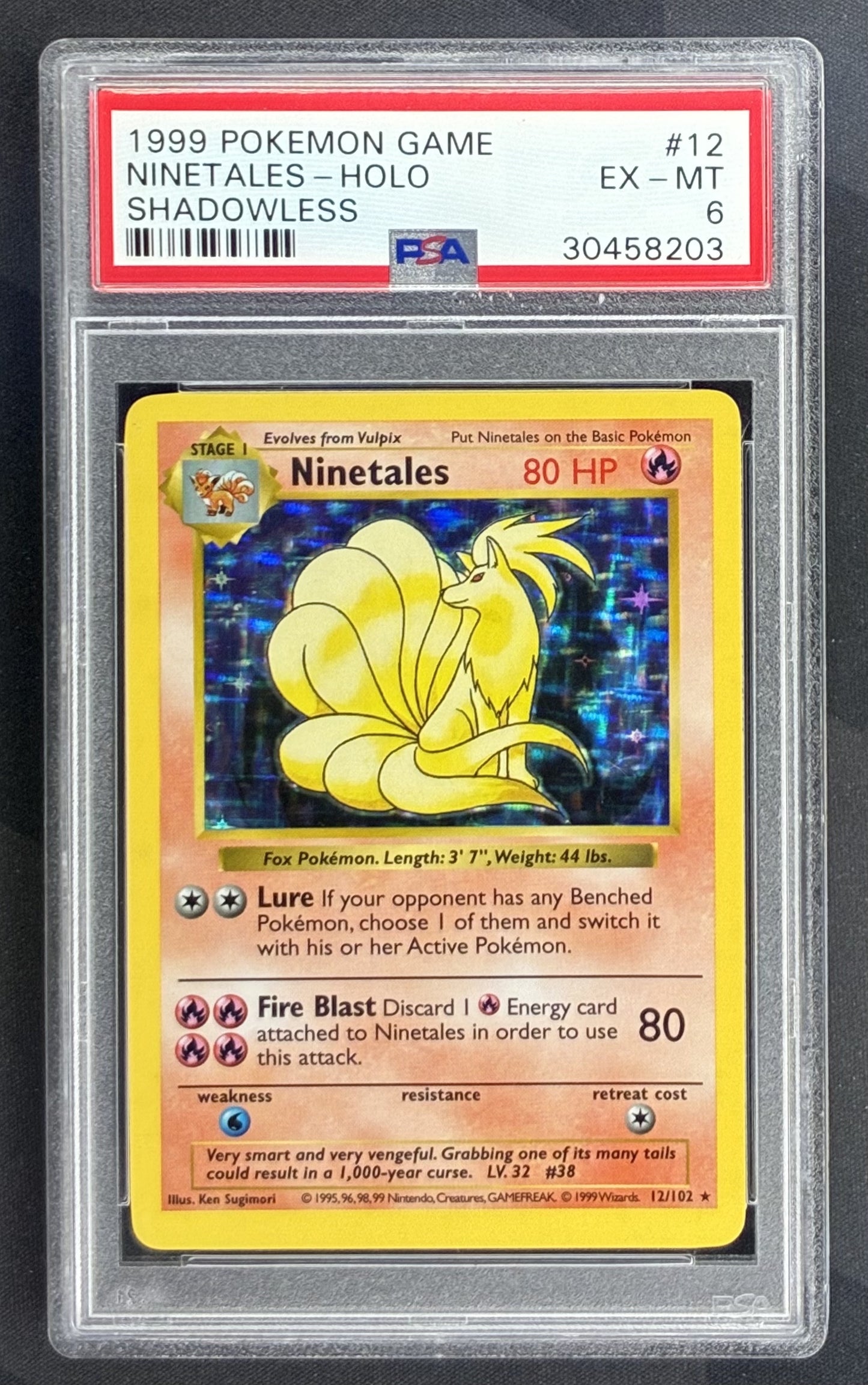 1999 Pokémon Shadowless Base Set Ninetales Holo 12/102 English trading card graded PSA 6 EX-MT.