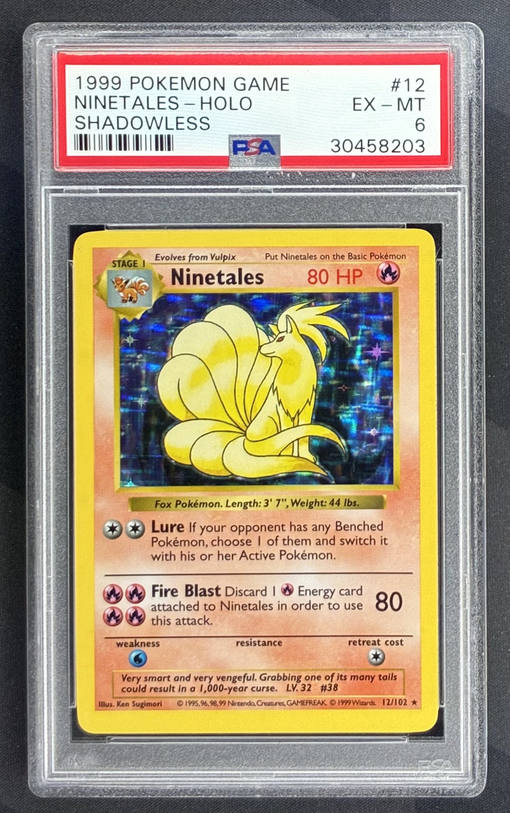 1999 Pokémon Shadowless Base Set Ninetales Holo 12/102 English trading card graded PSA 6 EX-MT.