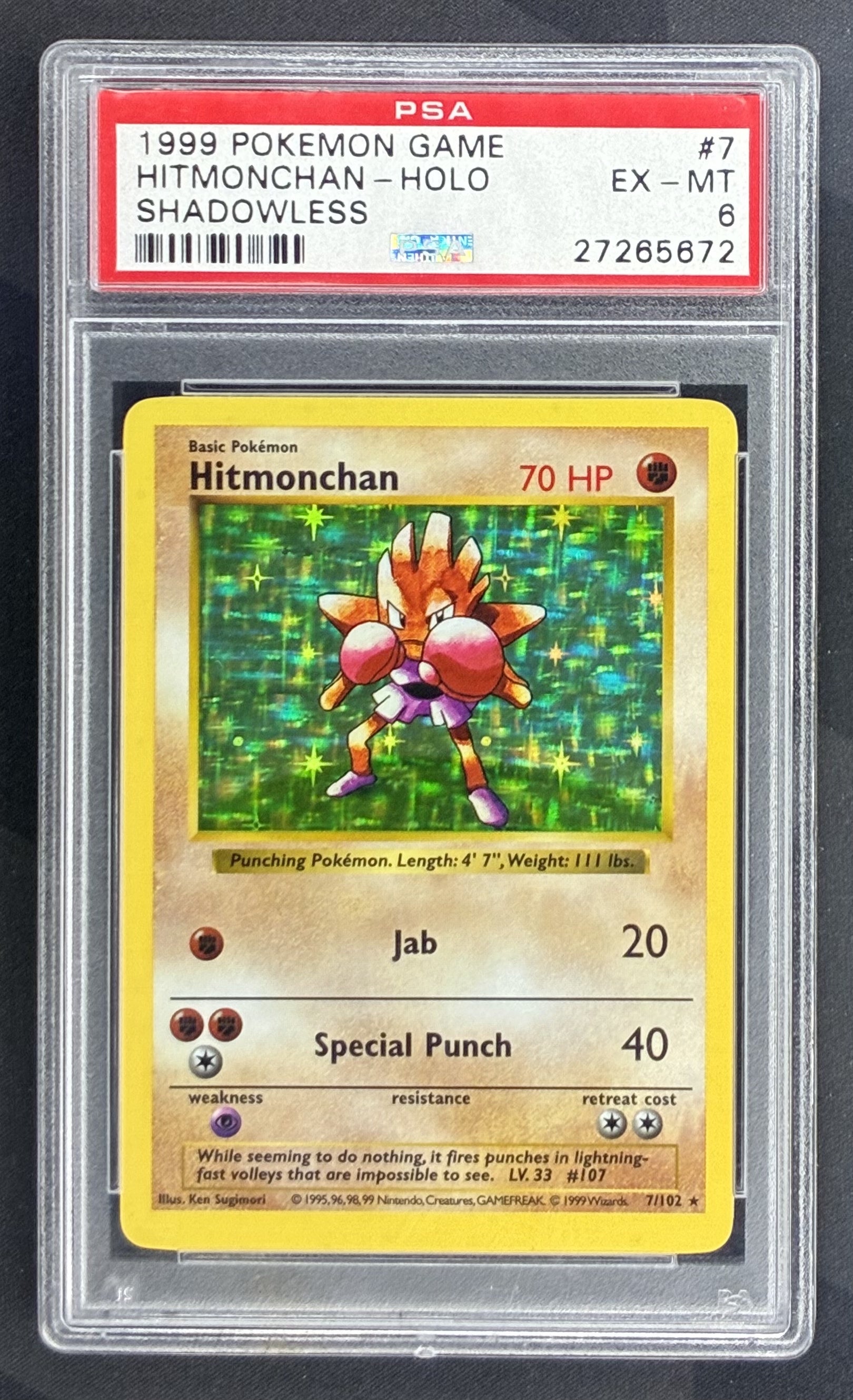 1999 Pokémon Shadowless Base Set Hitmonchan Holo 7/102 English trading card graded PSA 6 EX-MT.