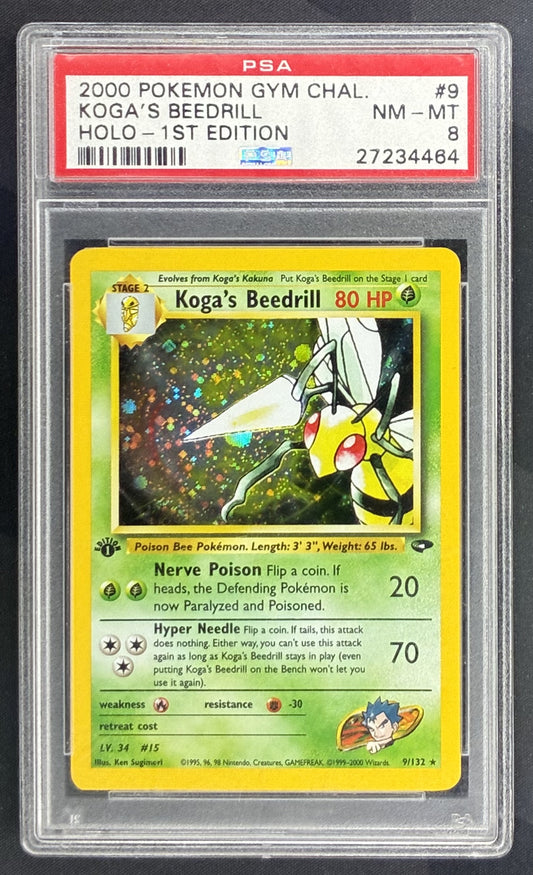 2000 Pokémon Gym Challenge 1st Edition Koga's Beedrill Holo #9/132 English trading card graded PSA 8 Near Mint-Mint.