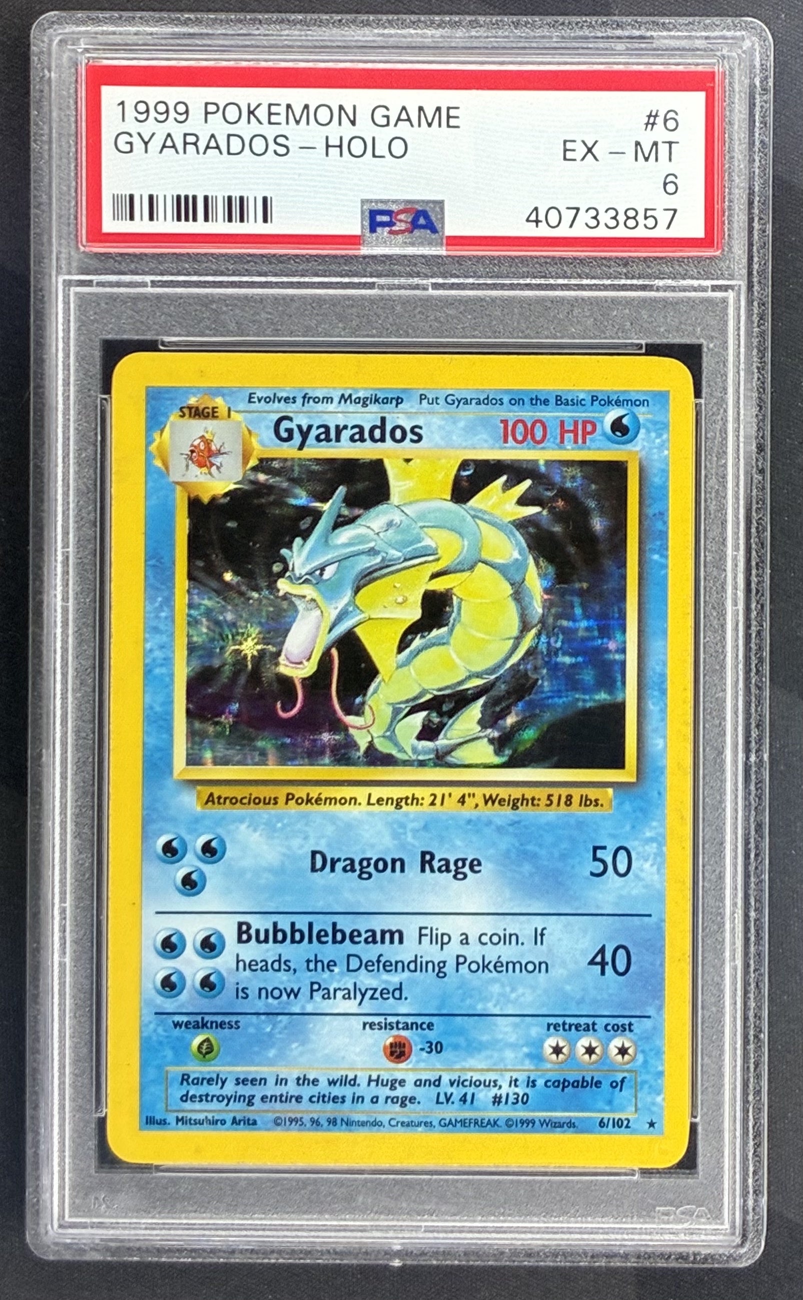 1999 Pokémon Base Set Unlimited Gyarados Holo 6/102 English trading card graded PSA 6 EX-MT.